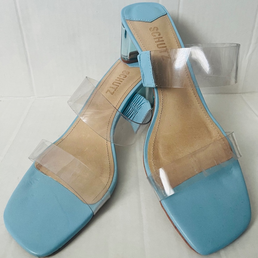 Anthropologie Schutz Ariella Acrylic Mid Heel Clear  Blue Transparent 7.5